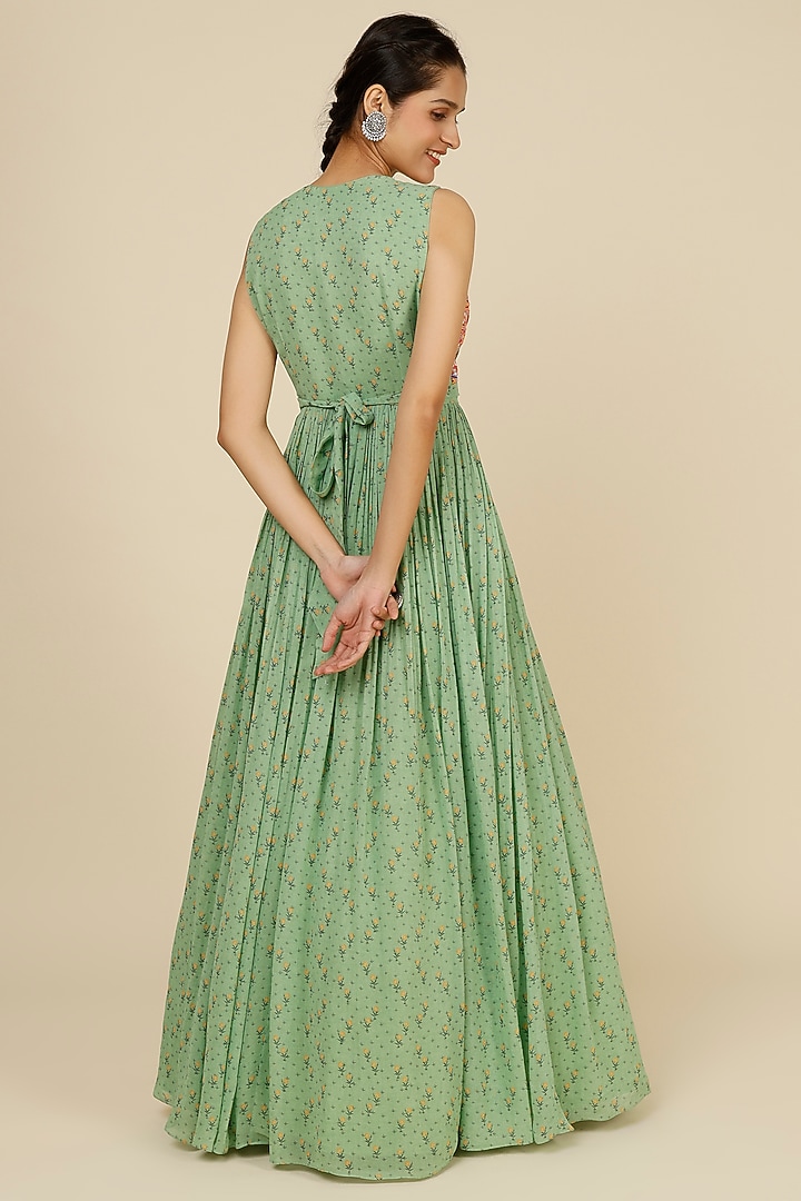 Sage Green Printed Maxi Cocktail Dress by Label Anushree at Pernia's Pop Up Shop