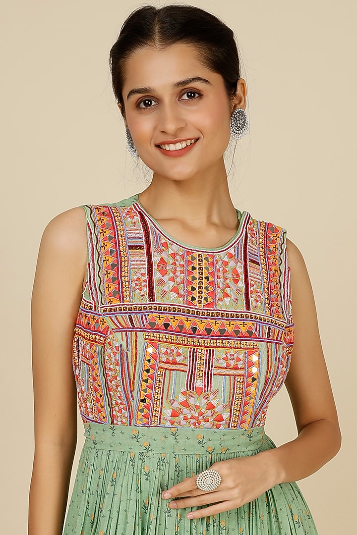 Sage Green Printed Maxi Cocktail Dress by Label Anushree at Pernia's Pop Up Shop