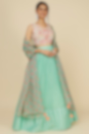 Mint Green Chanderi Tarkashi Skirt Set by Label Anushree