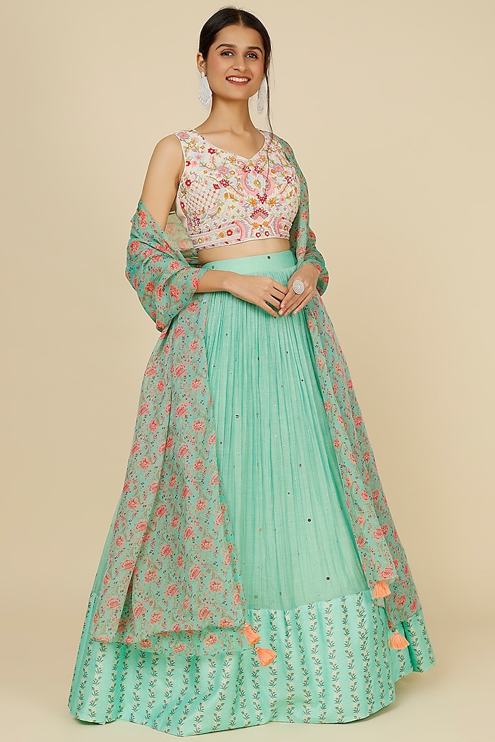 Mint Green Chanderi Tarkashi Skirt Set by Label Anushree