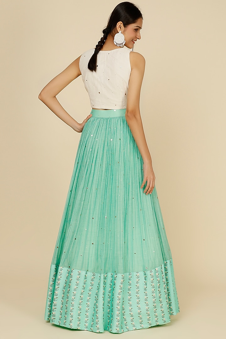 Mint Green Chanderi Tarkashi Skirt Set by Label Anushree at Pernia's Pop Up Shop