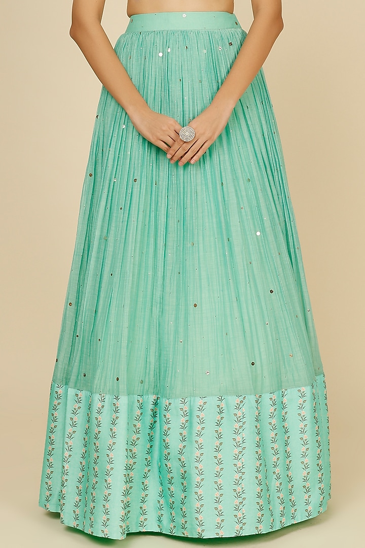 Mint Green Chanderi Tarkashi Skirt Set by Label Anushree at Pernia's Pop Up Shop