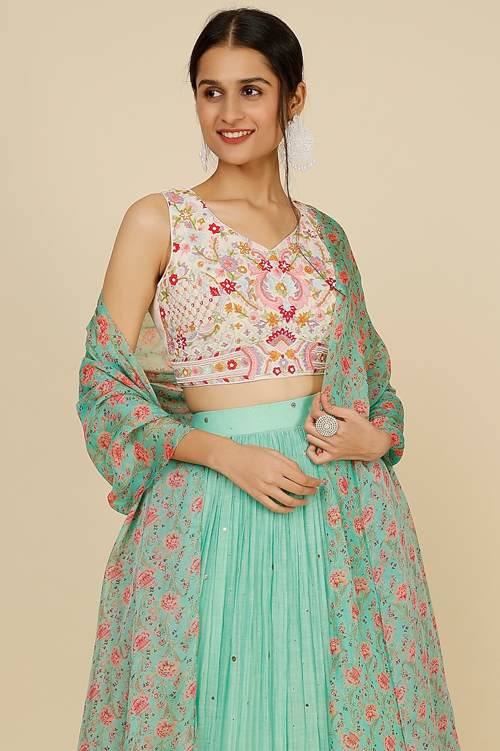 Mint Green Chanderi Tarkashi Skirt Set by Label Anushree at Pernia's Pop Up Shop