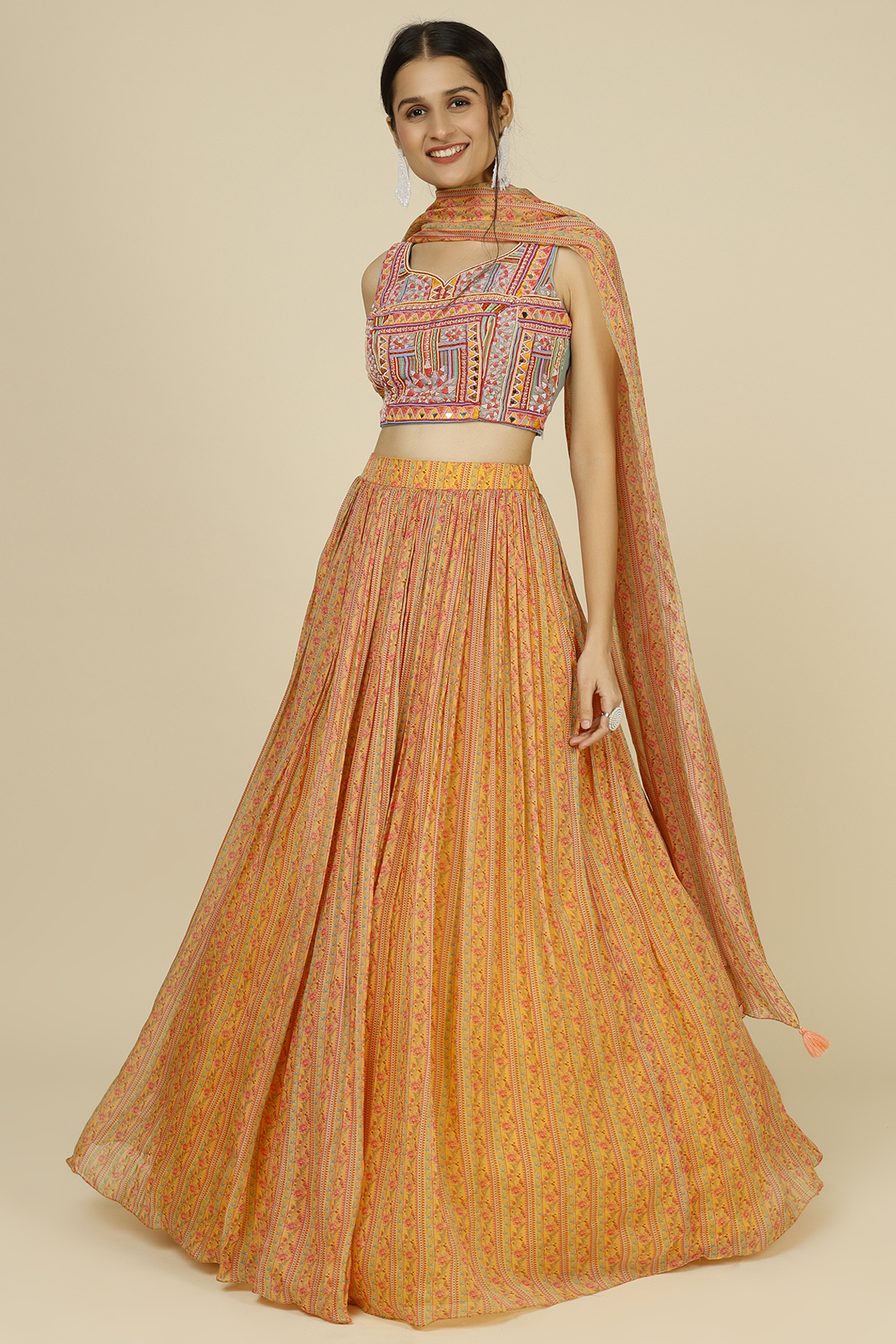 Mustard Silk Printed Wedding Lehenga Set by Label Anushree at Pernia's Pop Up Shop