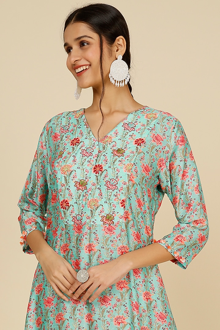 Blue Silk Printed Tunic Set by Label Anushree at Pernia's Pop Up Shop