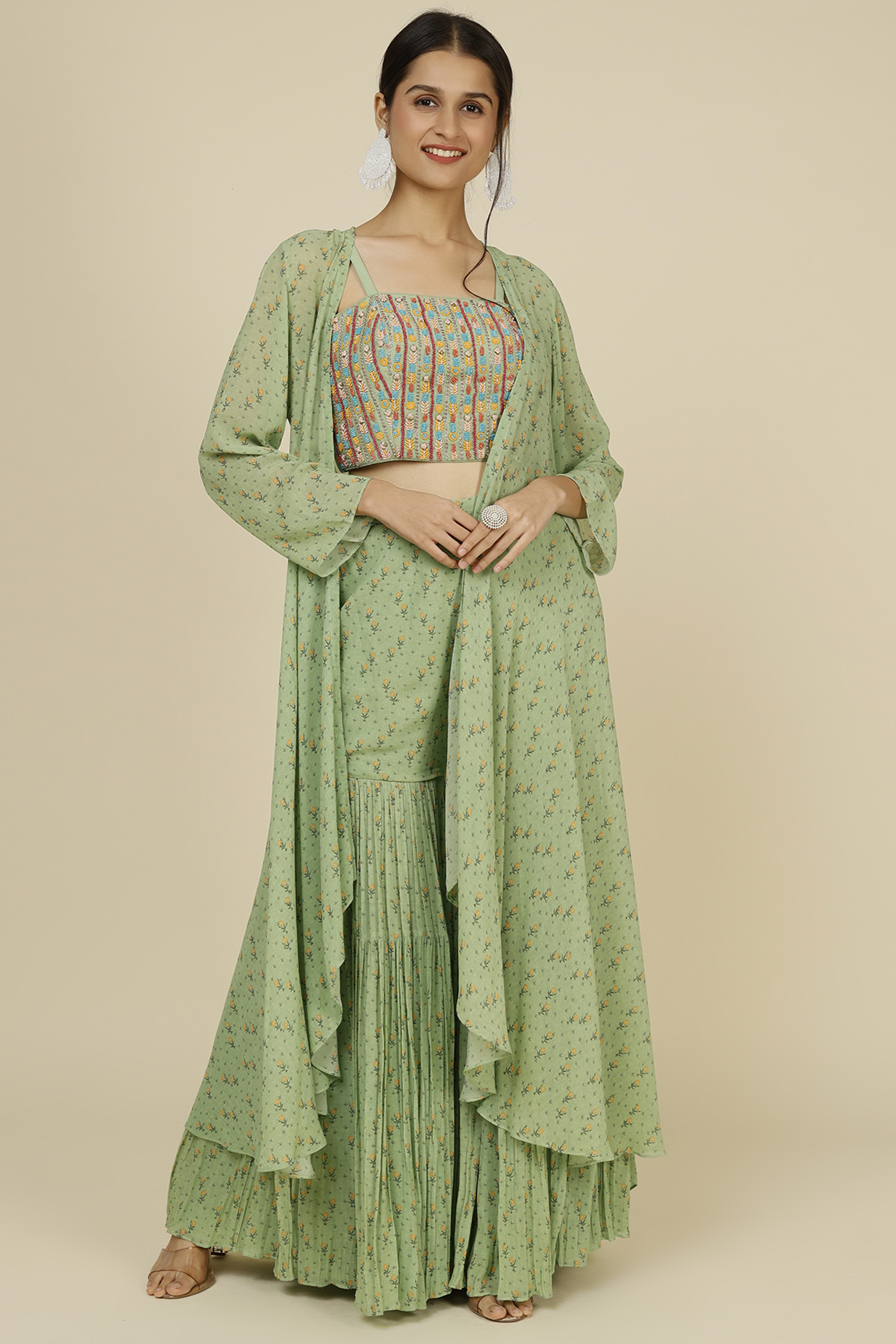 Sage Green Printed Wedding Sharara Set by Label Anushree at Pernia's Pop Up Shop