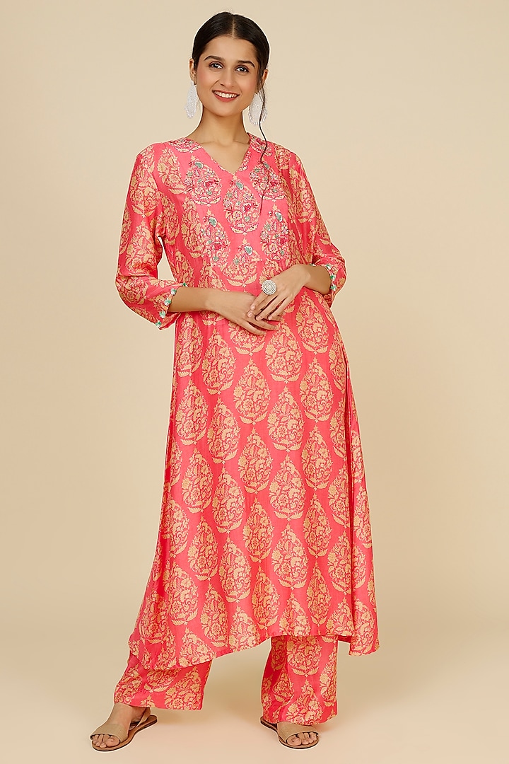 Coral Pink Silk Tunic Set by Label Anushree at Pernia's Pop Up Shop