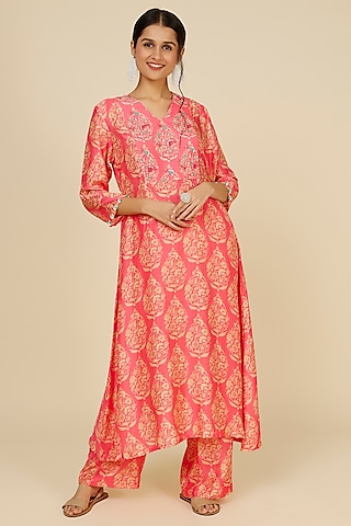 Coral Pink Silk Tunic Set by Label Anushree