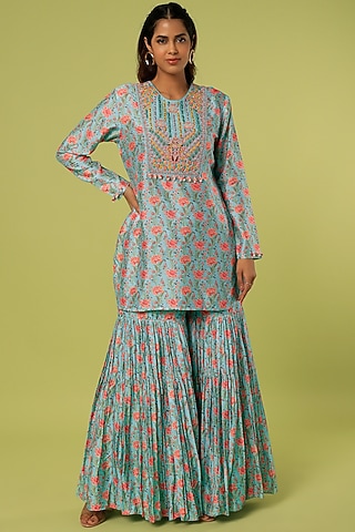 Blue Silk Sharara Set by Label Anushree