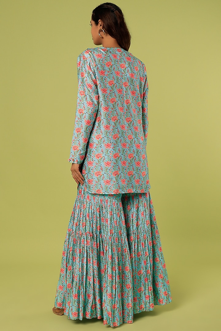 Blue Silk Party Wear Sharara Set by Label Anushree at Pernia's Pop Up Shop