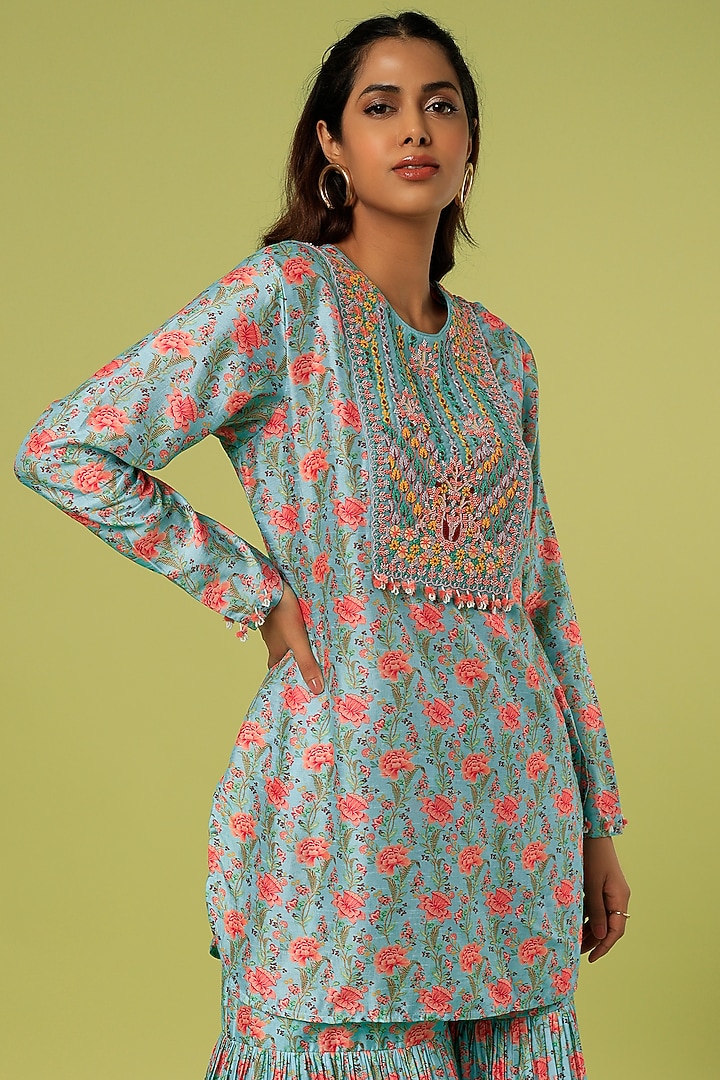 Blue Silk Party Wear Sharara Set by Label Anushree at Pernia's Pop Up Shop