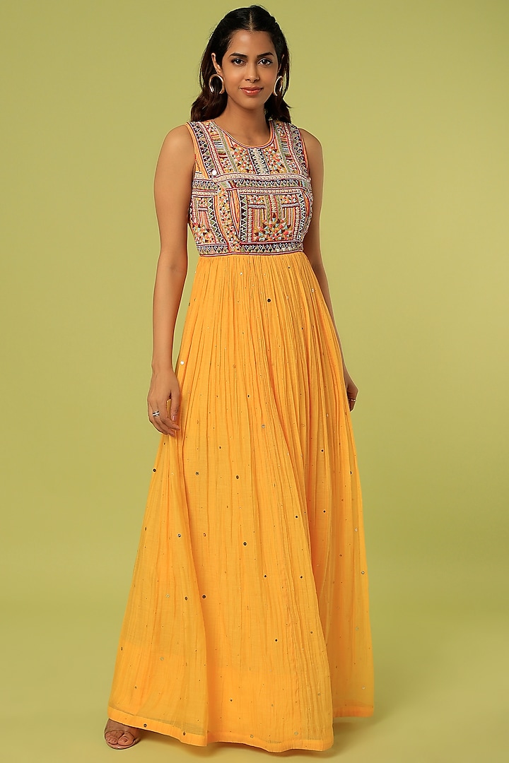 Mustard Embroidered Maxi Dress by Label Anushree at Pernia's Pop Up Shop