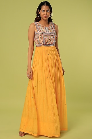 Mustard Embroidered Maxi Dress by Label Anushree