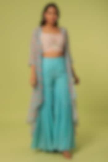 Blue Organza Printed Cape Set by Label Anushree at Pernia's Pop Up Shop