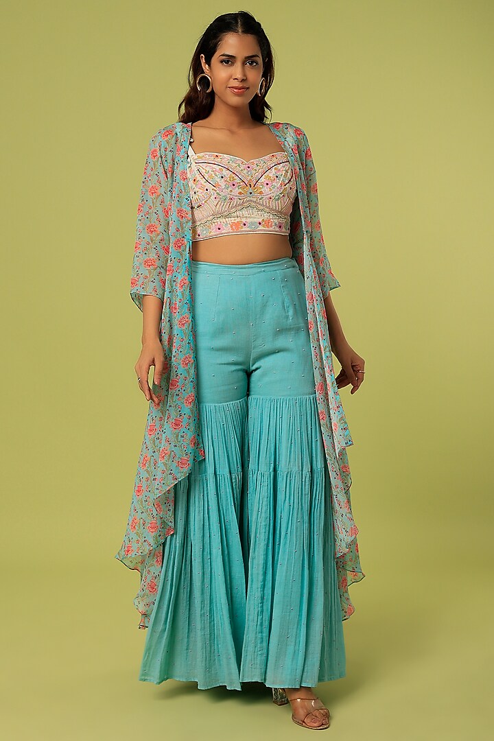 Blue Organza Printed Cape Set by Label Anushree at Pernia's Pop Up Shop