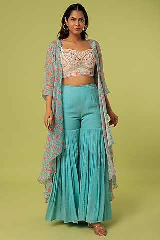Blue Organza Printed Cape Set by Label Anushree