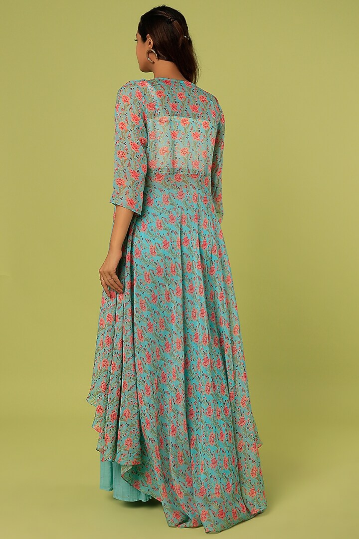 Blue Organza Printed Cape Set by Label Anushree at Pernia's Pop Up Shop