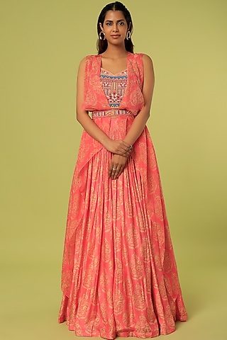Coral Pink Printed Skirt Set by Label Anushree