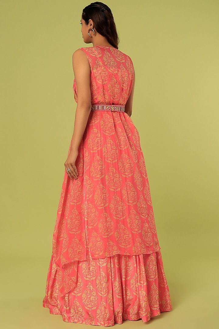 Coral Pink Printed Skirt Set by Label Anushree at Pernia's Pop Up Shop