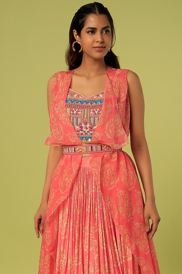 Coral Pink Printed Skirt Set by Label Anushree at Pernia's Pop Up Shop