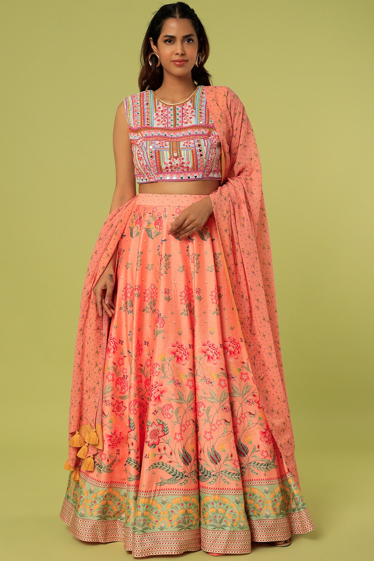 Emerald Green Wedding Lehenga Choli with Pink and Orange Embroidery –  Panache Haute Couture