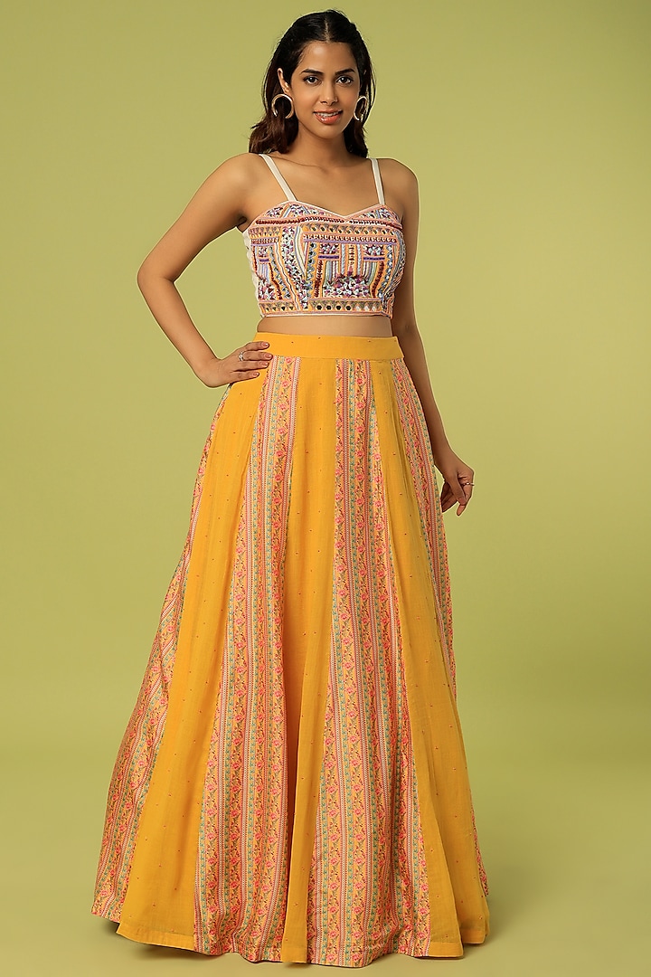 Mustard Printed Skirt Set by Label Anushree at Pernia's Pop Up Shop