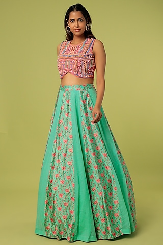 Green Printed Skirt Set by Label Anushree