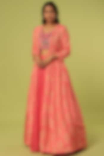 Coral Pink Silk Skirt Set by Label Anushree