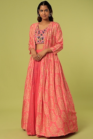 Coral Pink Silk Skirt Set by Label Anushree