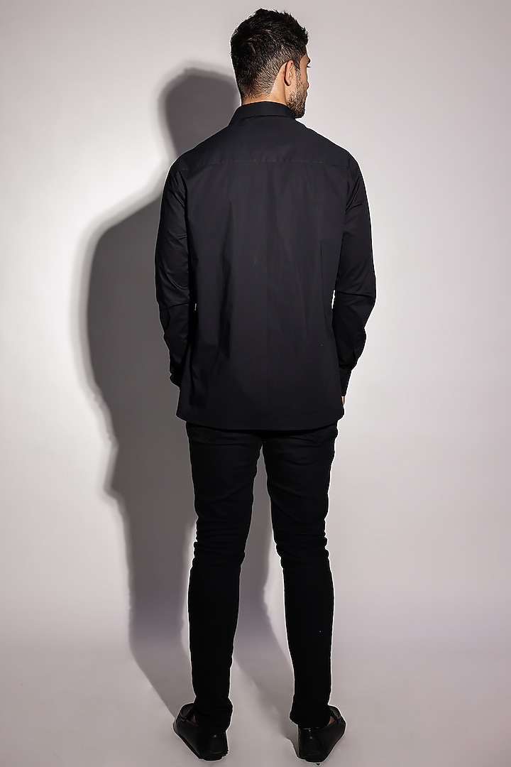 Black Poplin Zari-Motif Hand Embroidered Party Wear Shirt by Arya Giri Men at Pernia's Pop Up Shop