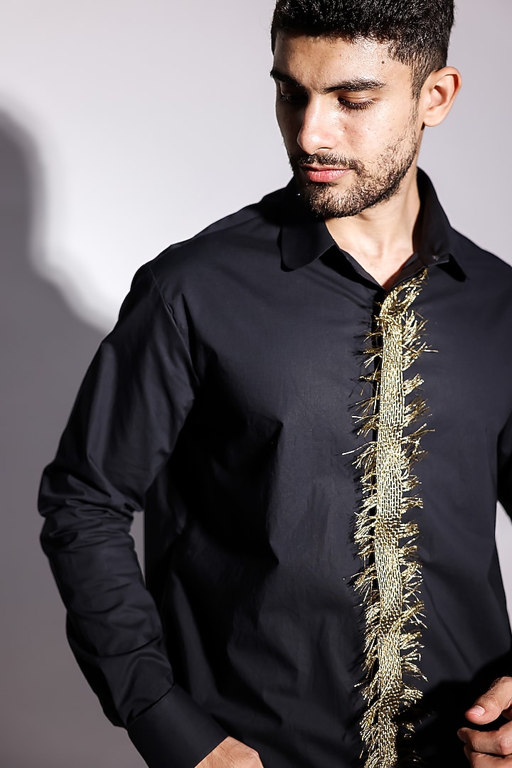 Black Poplin Zari-Motif Hand Embroidered Party Wear Shirt by Arya Giri Men at Pernia's Pop Up Shop