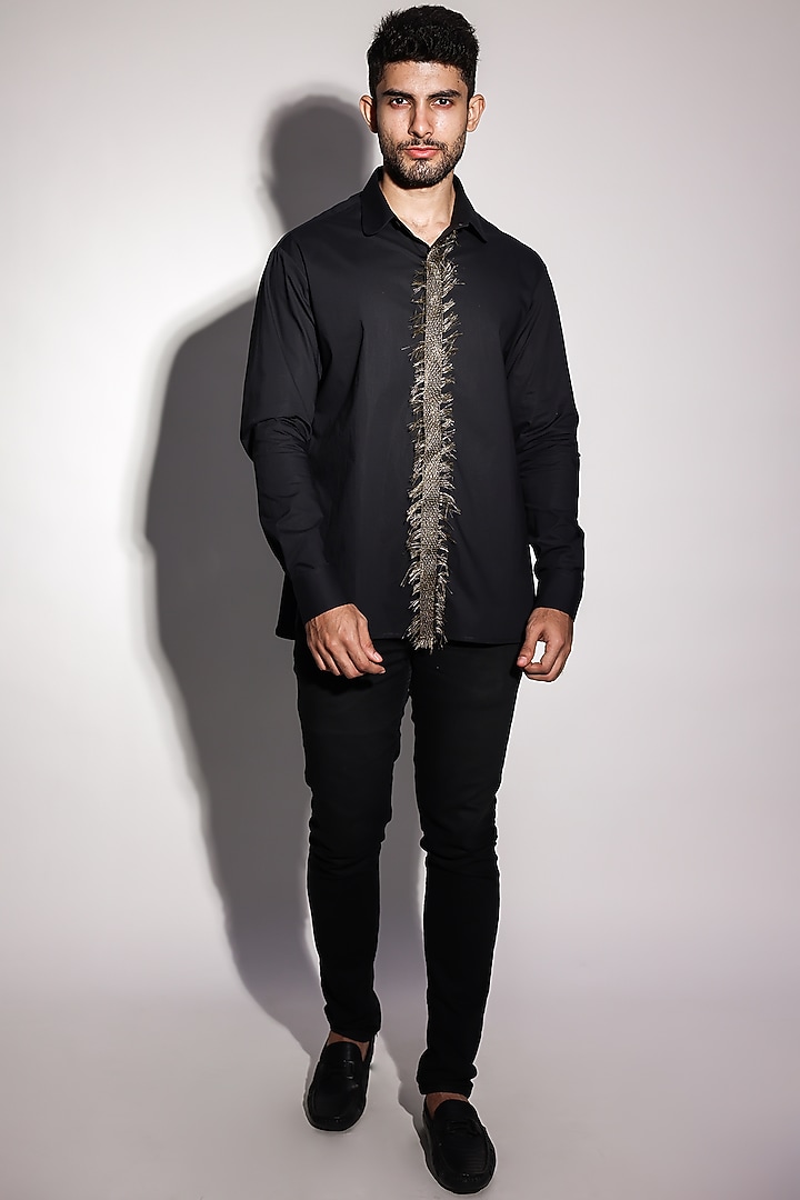 Black Poplin Zari-Motif Hand Embroidered Party Wear Shirt by Arya Giri Men at Pernia's Pop Up Shop