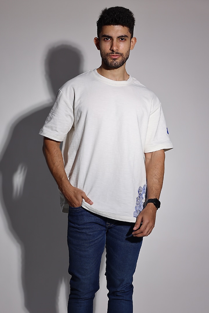 White Cotton Terry Motif Hand Embroidered T-Shirt by Arya Giri
