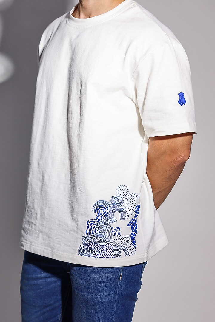 White Cotton Terry Motif Hand Embroidered T-Shirt by Arya Giri Men at Pernia's Pop Up Shop