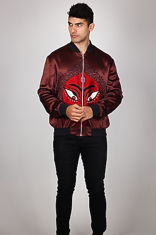 Maroon Pure Satin Hand Embroidered Bomber Jacket by Arya Giri Men