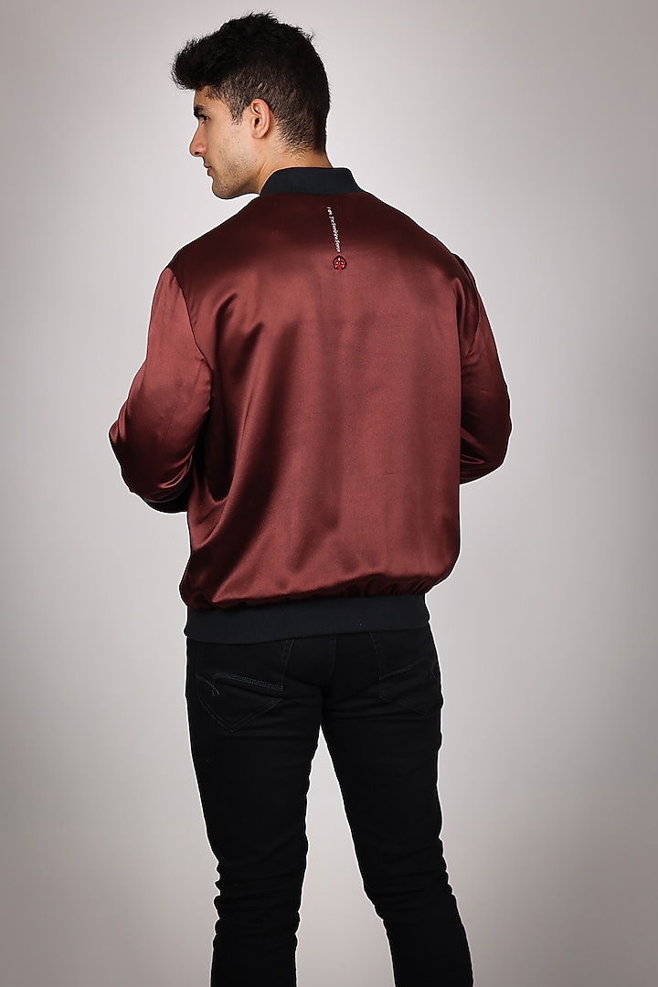 Maroon Pure Satin Hand Embroidered Bomber Jacket by Arya Giri Men at Pernia's Pop Up Shop