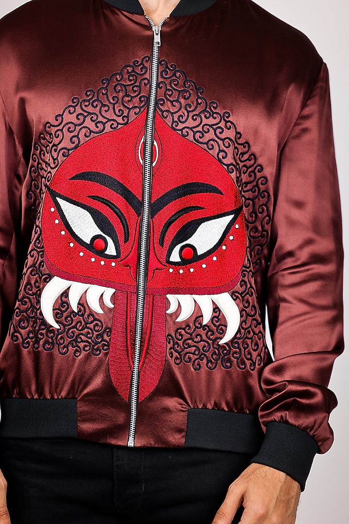 Maroon Pure Satin Hand Embroidered Bomber Jacket by Arya Giri Men at Pernia's Pop Up Shop