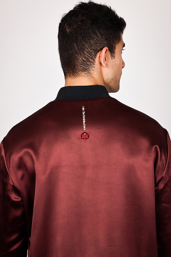 Maroon Pure Satin Hand Embroidered Bomber Jacket by Arya Giri Men at Pernia's Pop Up Shop