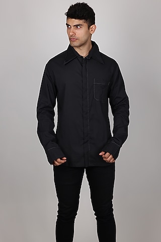 Black Pure Poplin Hand Embroidered Shirt by Arya Giri Men