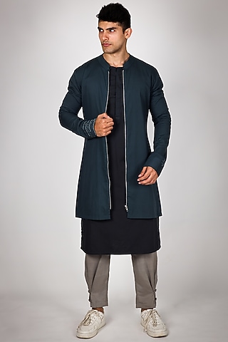 Blue Pure Mul & Crepe Hand Embroidered Jacket Set by Arya Giri Men