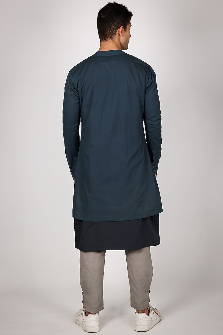 Blue Pure Mul & Crepe Hand Embroidered Jacket Set by Arya Giri Men at Pernia's Pop Up Shop