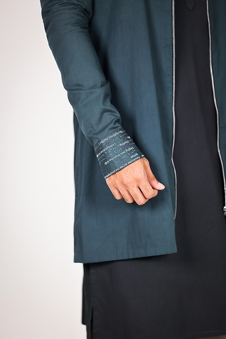 Blue Pure Mul & Crepe Hand Embroidered Jacket Set by Arya Giri Men at Pernia's Pop Up Shop
