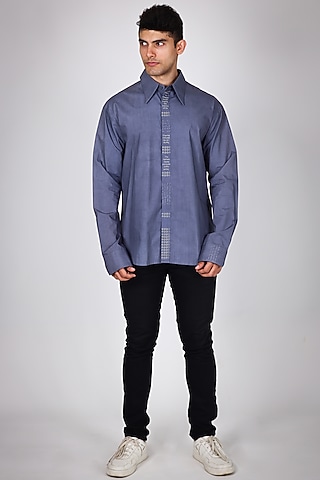 Blue Pure Mul Hand Embroidered Shirt by Arya Giri Men