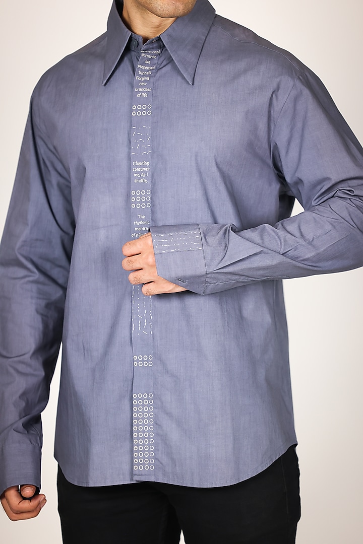 Blue Pure Mul Hand Embroidered Party Wear Shirt by Arya Giri Men at Pernia's Pop Up Shop