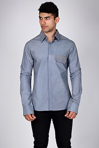 Grey Pure Poplin Hand Embroidered Shirt by Arya Giri Men