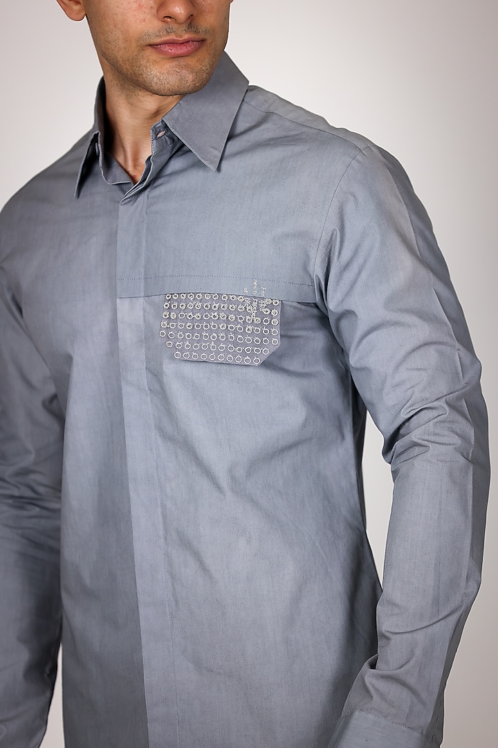 Grey Pure Poplin Hand Embroidered Summer Shirt by Arya Giri Men at Pernia's Pop Up Shop