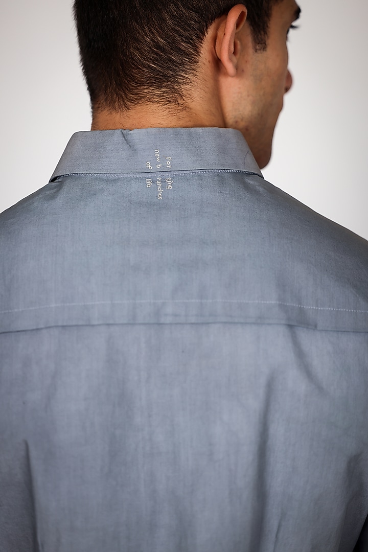 Grey Pure Poplin Hand Embroidered Summer Shirt by Arya Giri Men at Pernia's Pop Up Shop
