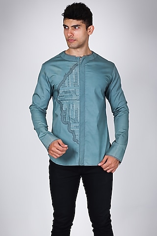 Blue Pure Poplin Hand Embroidered Shirt by Arya Giri Men