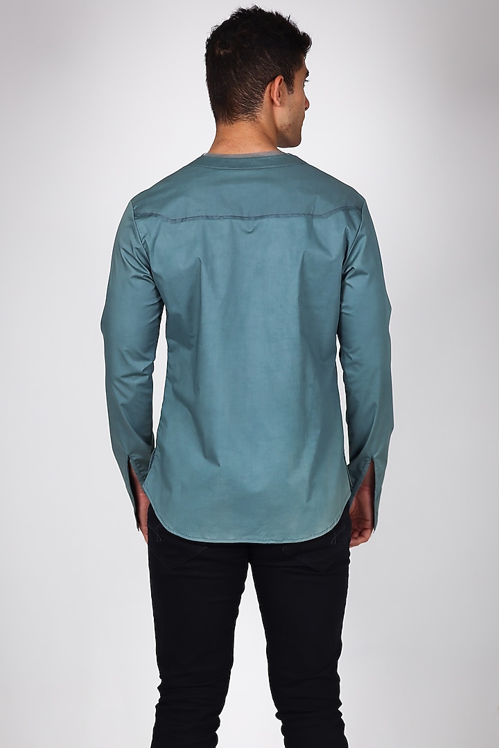 Blue Pure Poplin Hand Embroidered Party Wear Shirt by Arya Giri Men at Pernia's Pop Up Shop