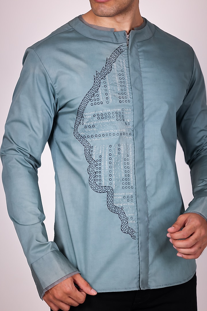 Blue Pure Poplin Hand Embroidered Party Wear Shirt by Arya Giri Men at Pernia's Pop Up Shop